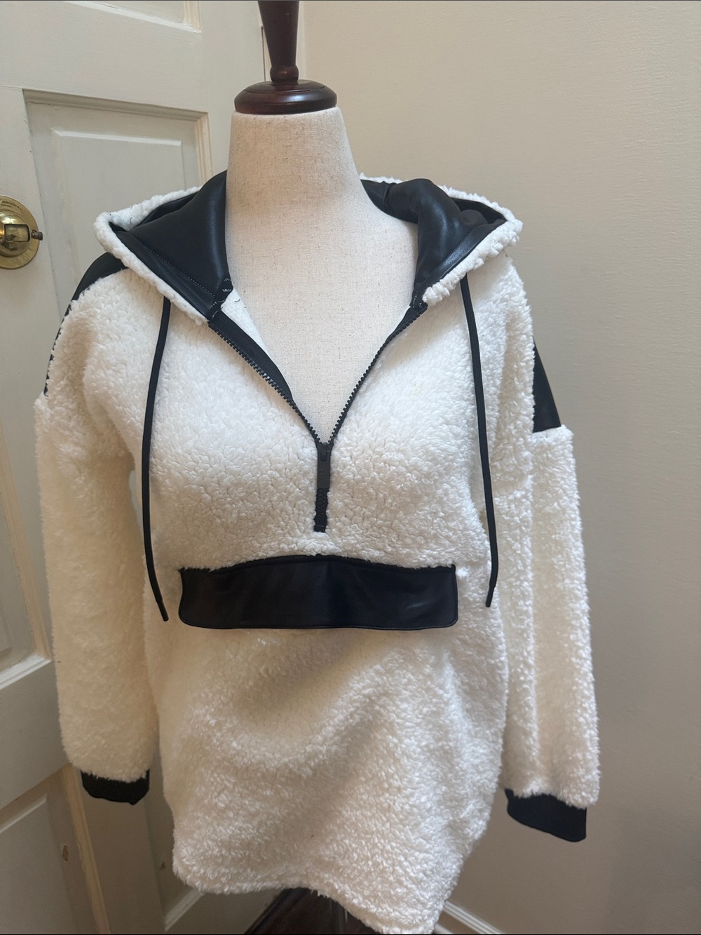 Cozy White Sherpa Half-Zip Hoodie with Black Trim